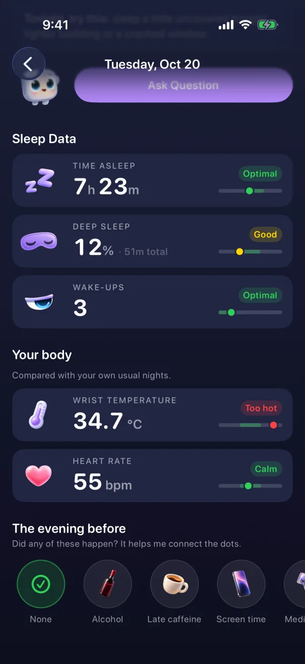 Sleepwrist sleep data cards for time asleep, deep sleep and wake-ups, each with a verdict and a target band