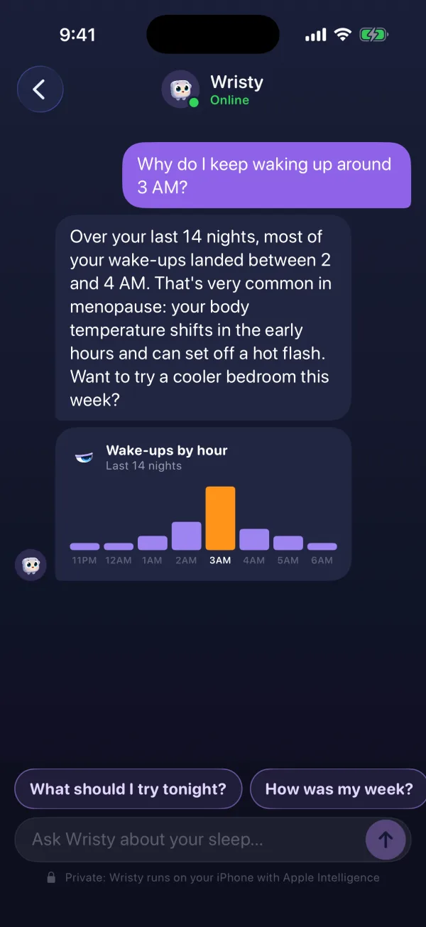 Private chat with Wristy about your own nights, answered on the iPhone
